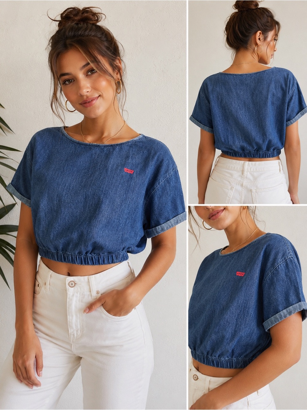 Levi’s Denim Crop Top Medium Blue Chambray Elastic Hem Short Sleeve Casual